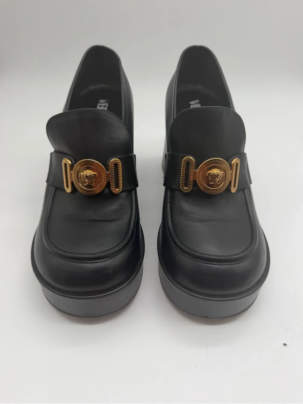 Versace Black Leather Platform Loafers with Gold Medallion Sz 38 EU